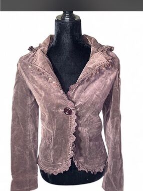 Rare Beaded Embroidered Corduroy Jacket Boho Lace Trim Fairycore Blazer Small